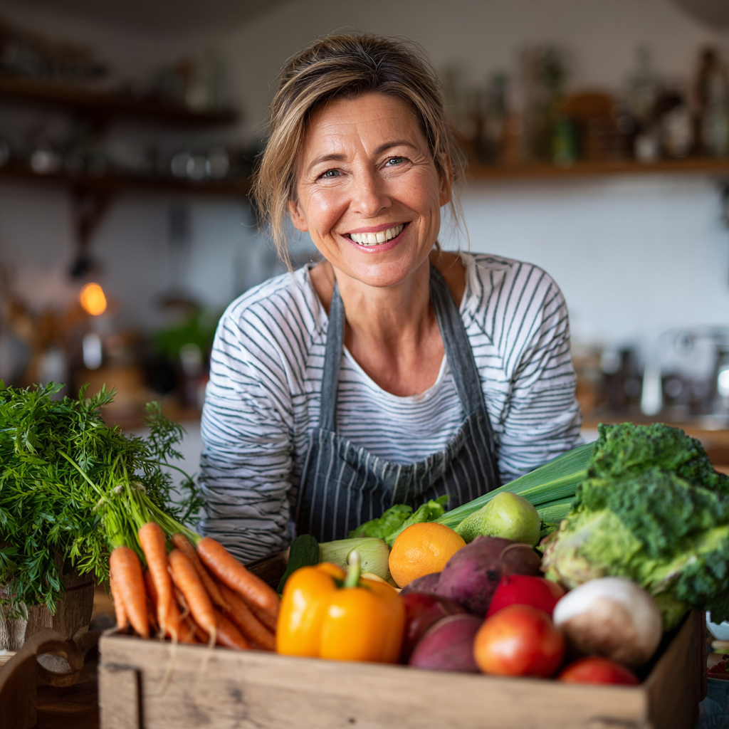 Mosolygós középkorú európai nő egészséges ételekkel a konyhában, friss zöldségekkel és gyümölcsökkel körülvéve, természetes fényben