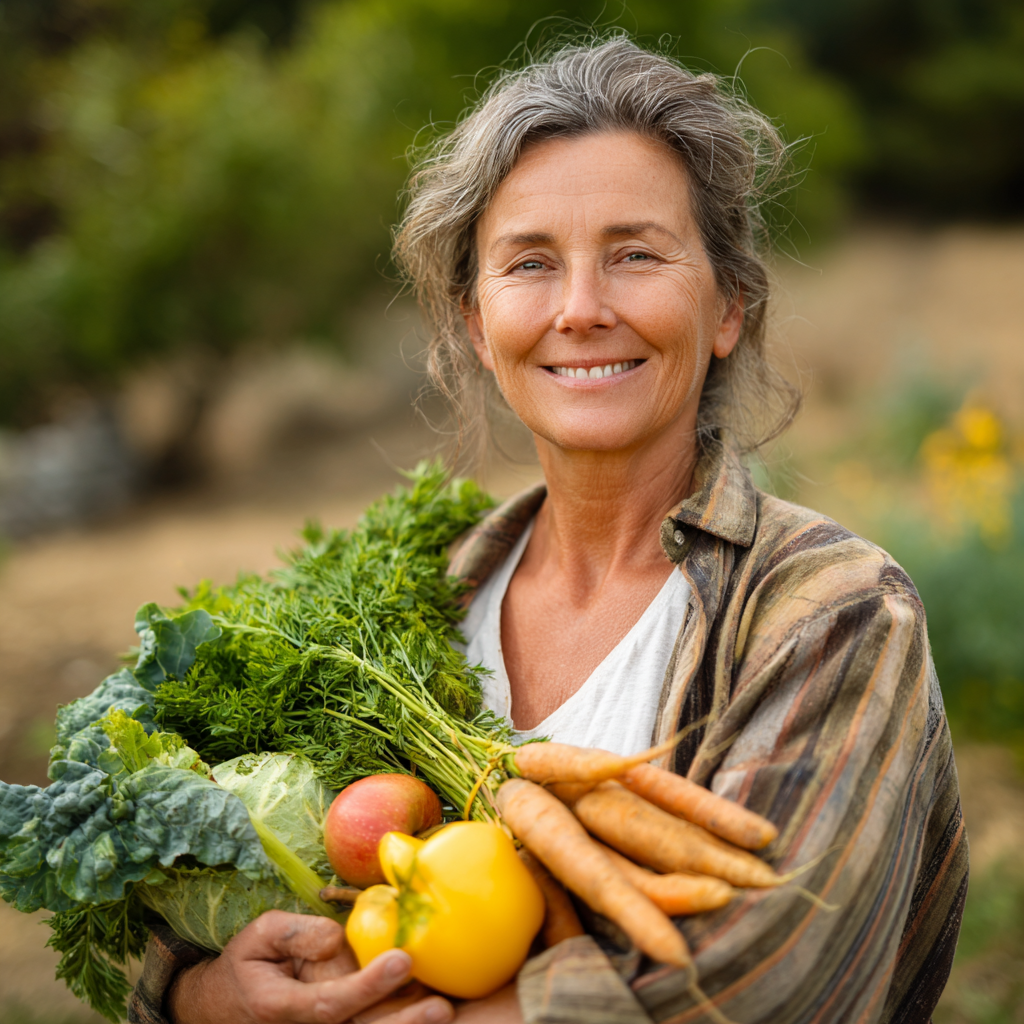 Mosolygós szakértő dietetikus női európai megjelenéssel a negyvenes éveiben modern irodai környezetben, táplálkozási táblázatokkal és friss zöldségekkel körülvéve